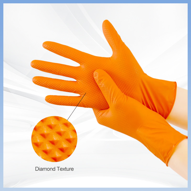 Luvas nitrílicas em forma de diamante laranja sem pó, espessadas para trabalho de proteção diária Luvas nitrílicas descartáveis