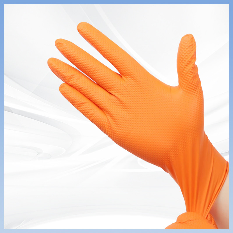 Guantes nitrílicos descartáveis de padrão de diamante sem pó de cor laranja espessada Trabalho de proteção diária Guantes nitrílicos descartáveis